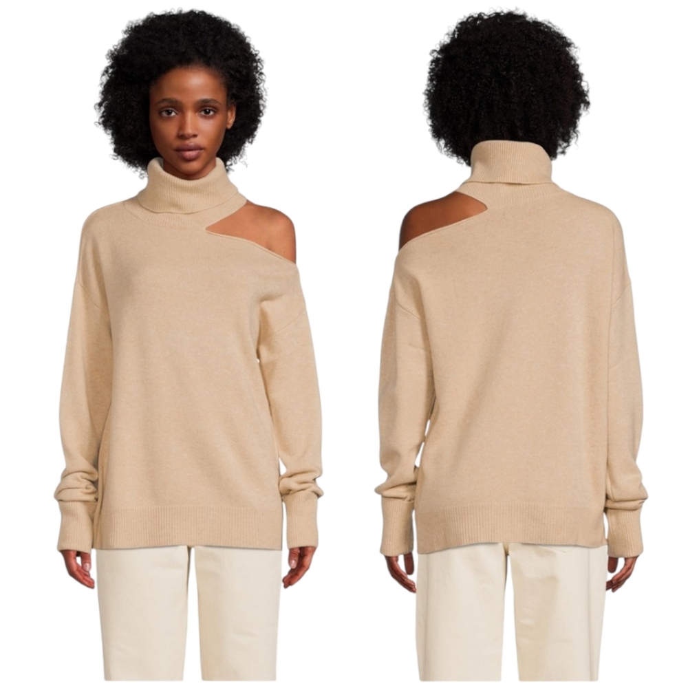 PAIGE Tan Wool Blend Raundi Cold Shoulder Turtleneck Sweater Size M NWT MSRP$430